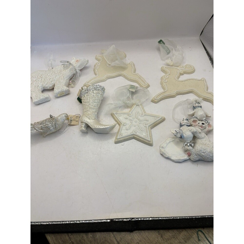 Lot Of 7 Midwest Of Cannon Falls White Ornaments Vintage Deer, Shoe, Star, More
